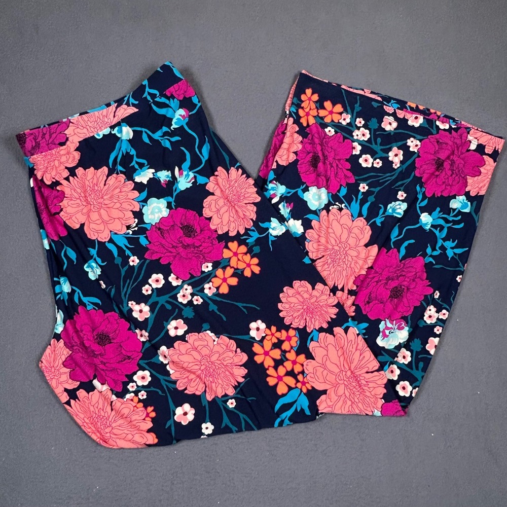 Susan Graver Pants Womens XL Blue Pink Floral Liquid Knit Wide Leg Lounge